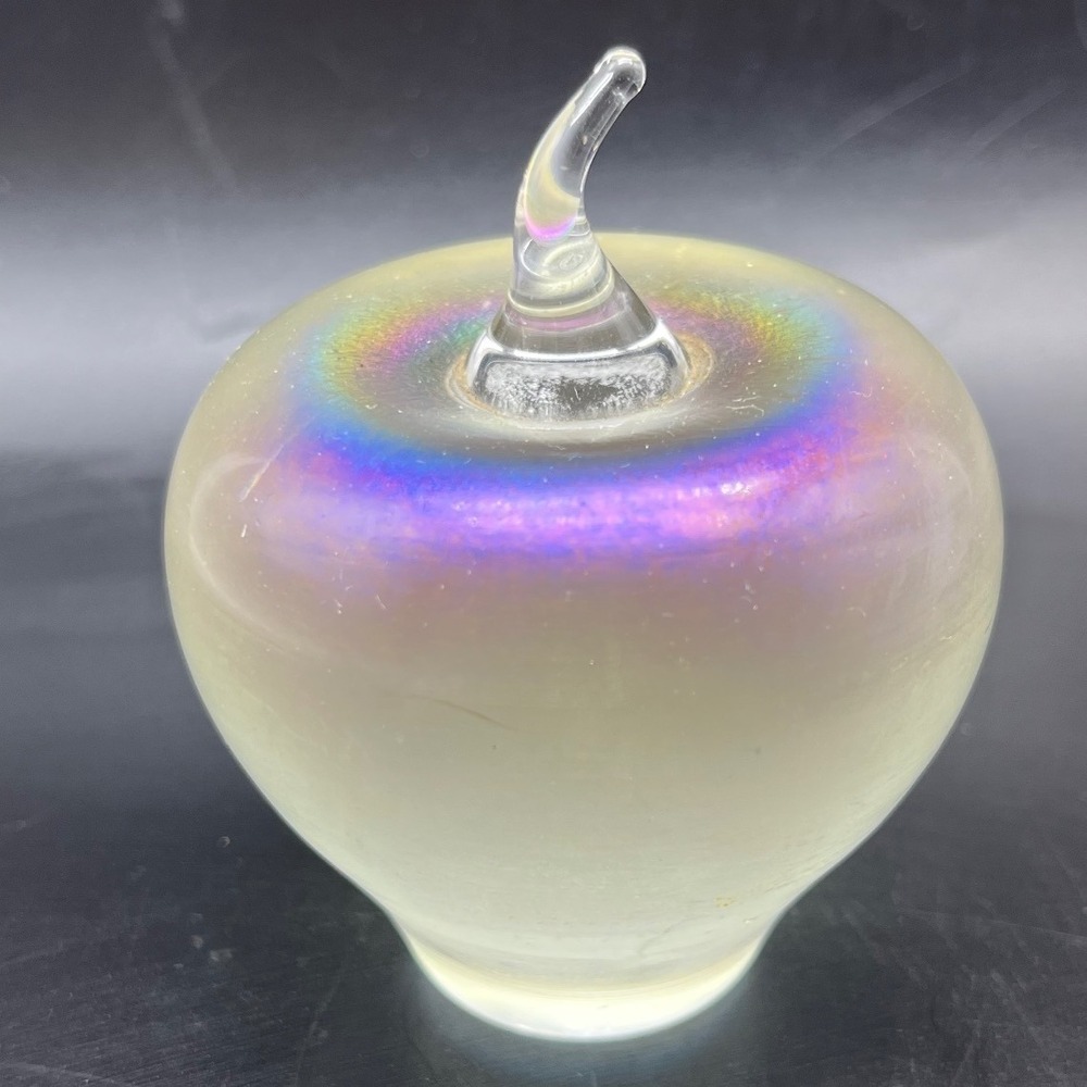 VTG Anton Intaglio Art Glass Apple‎ Paperweight Iridescent frosted clear stem